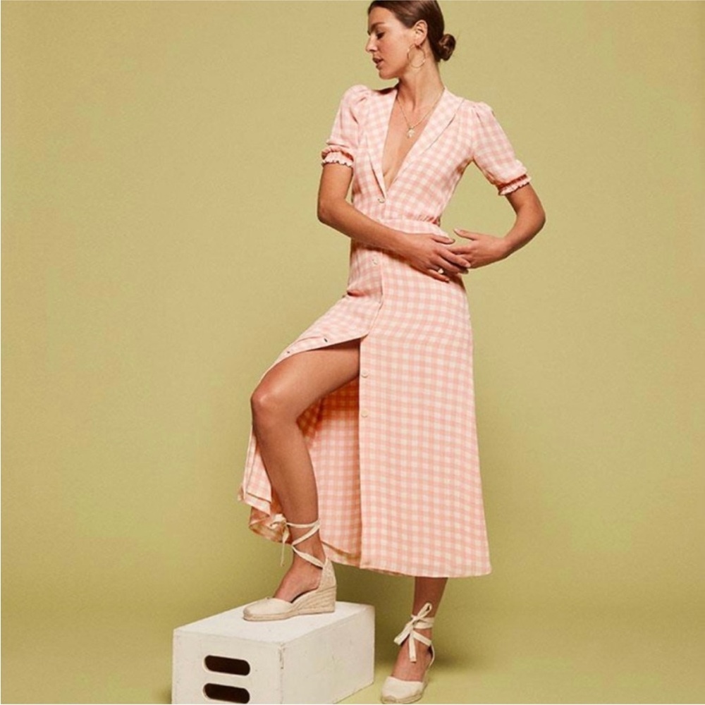 Reformation pink checker deep v neck plunge midi dress NEW